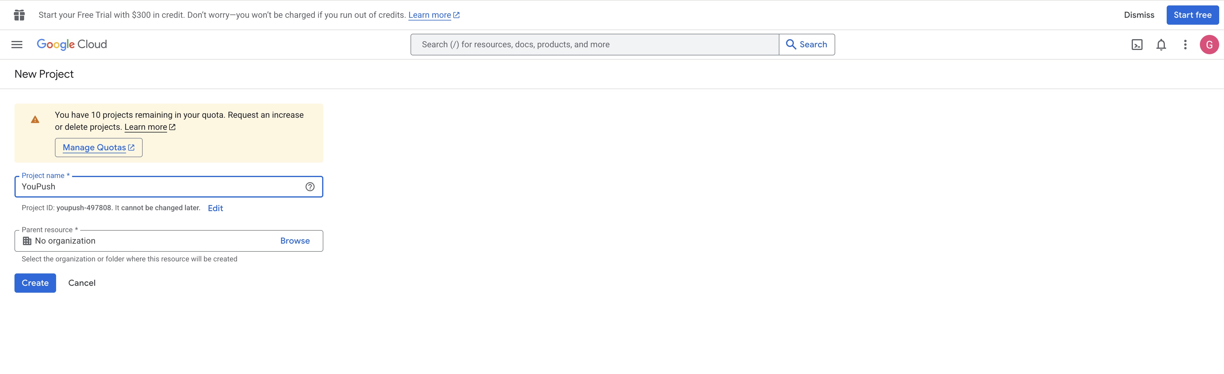 Create new project form
