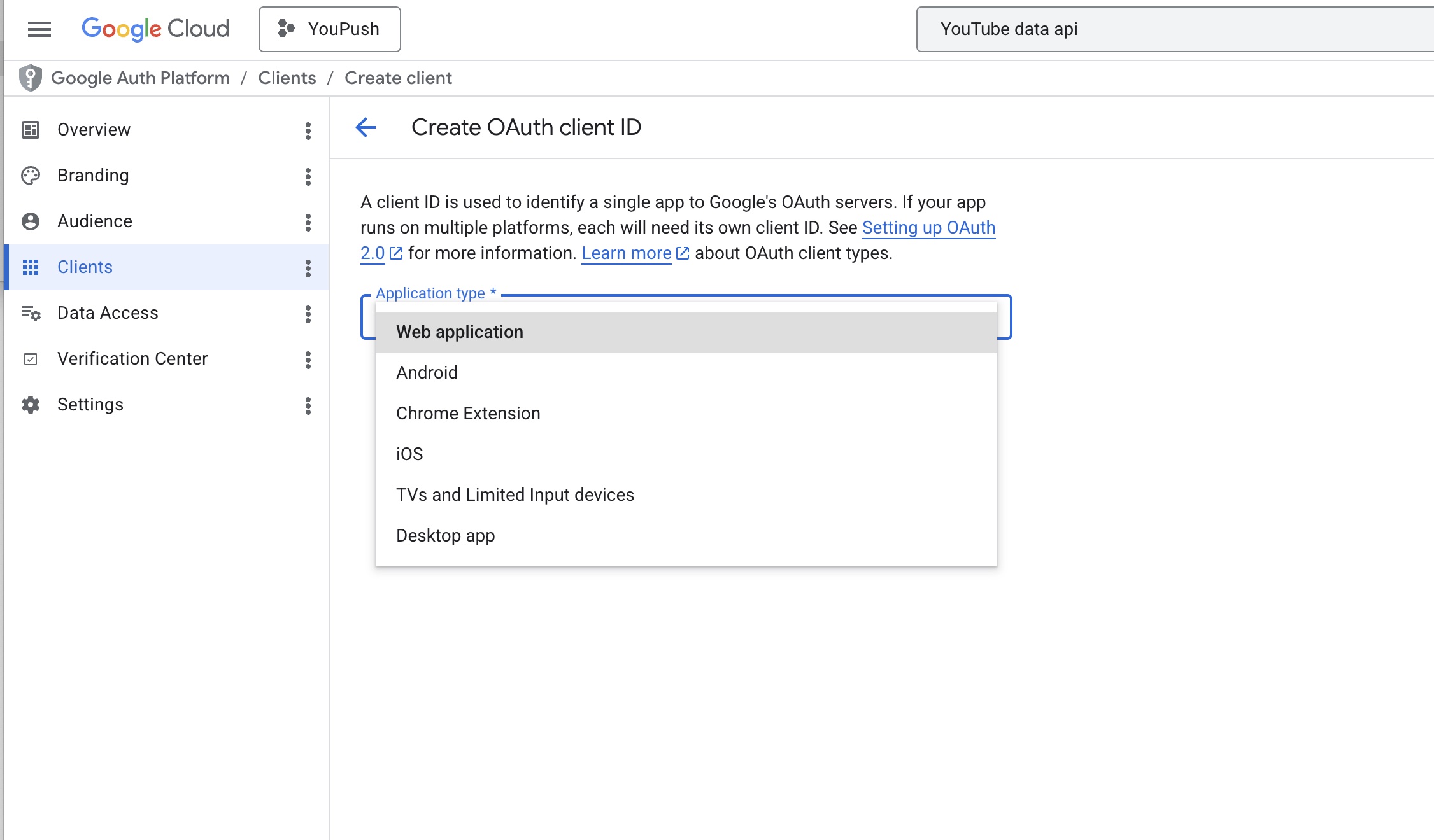 Application type dropdown showing Desktop app