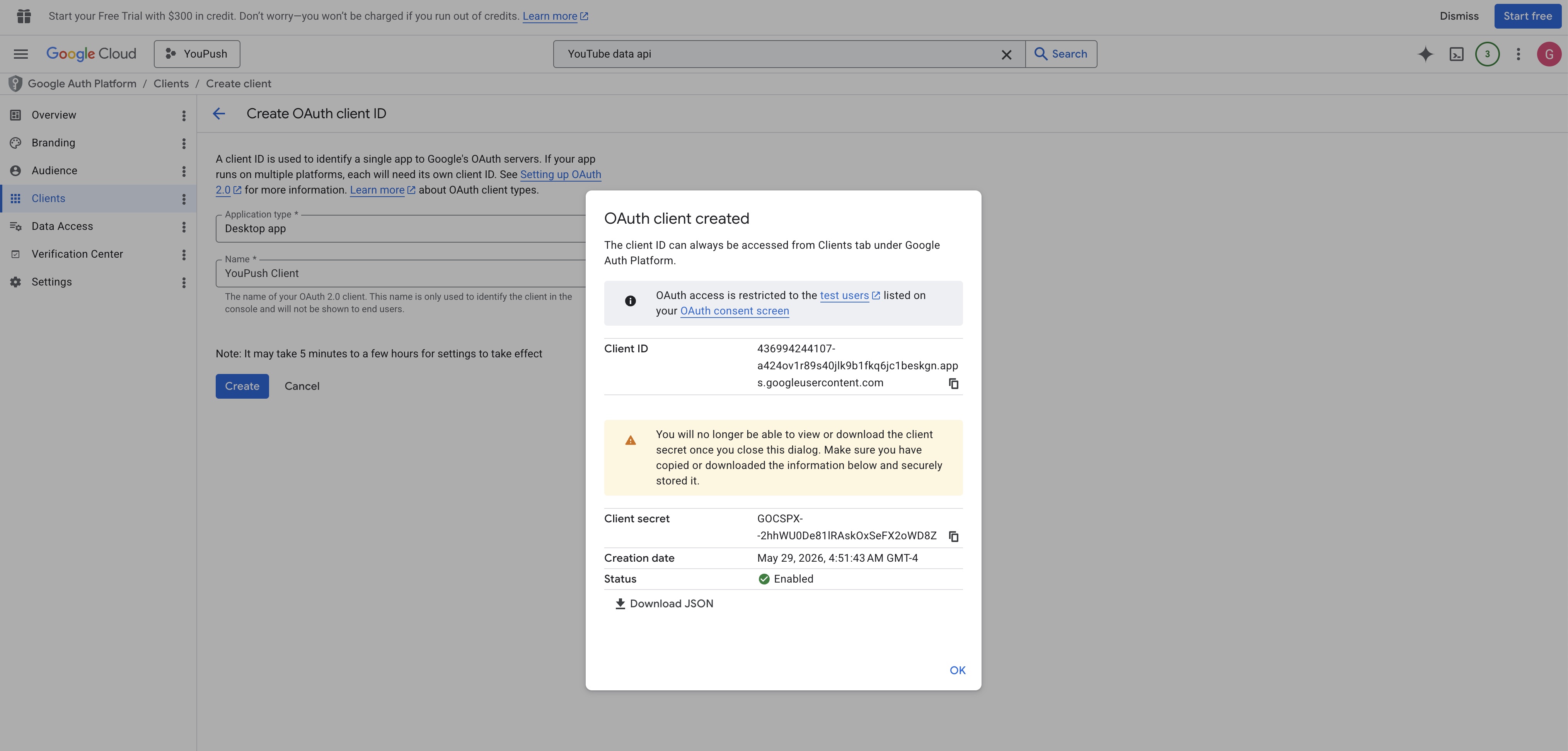 OAuth client created with Client ID and Secret