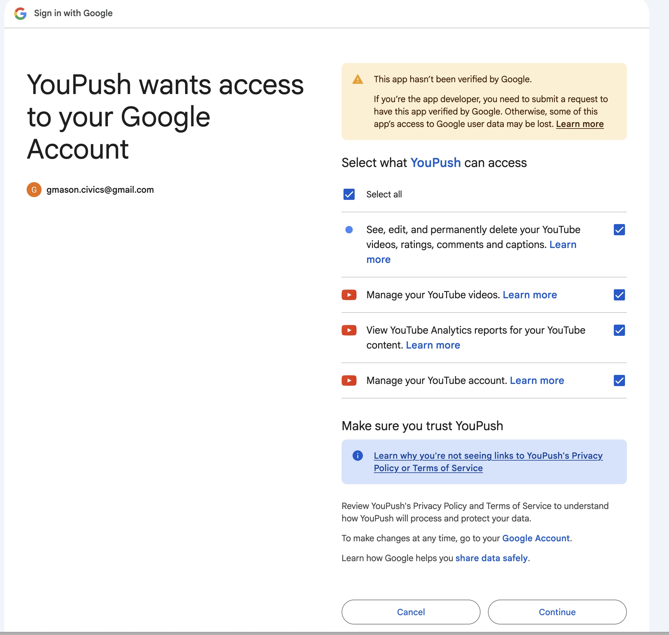 Google consent screen showing Select all checkbox for YouPush permissions