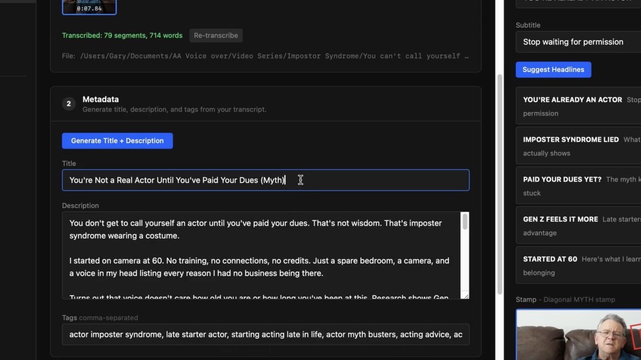 Generated YouTube title, description, and tags inside YouPush