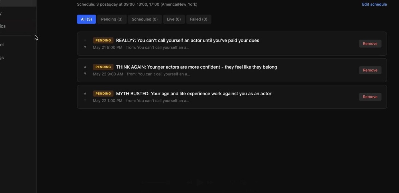 Three pending posts in the YouPush scheduled upload queue