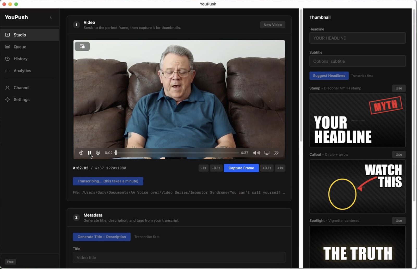 YouPush Studio view with video loaded, thumbnail panel, and headline suggestions