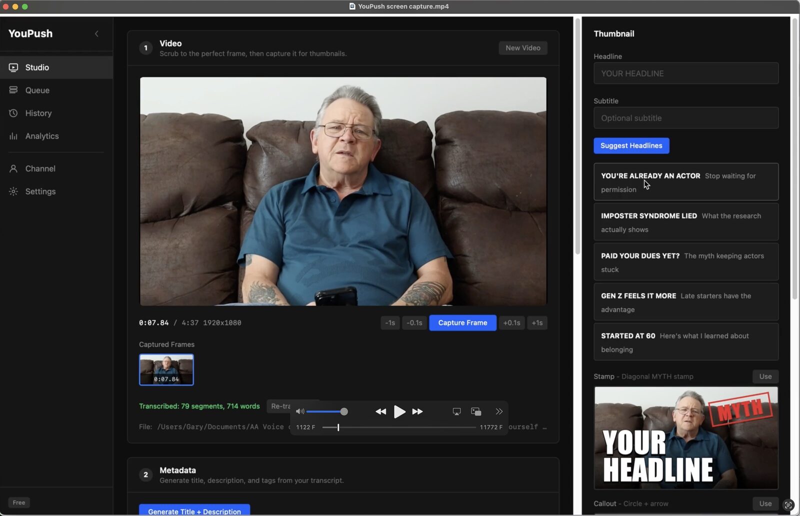 YouPush transcription and thumbnail generation